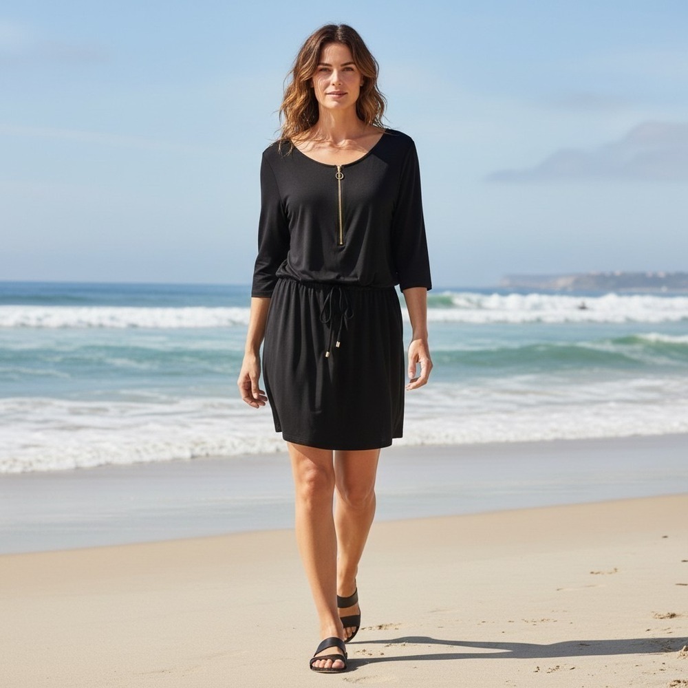 LASCANA Women's 12 Black Gold Zipper Drawstring Jersey Beach Swim Cover Dress
